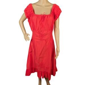 Vintage 90s Liz Coral Red Cotton Gauze Smocked Puff Sleeve Midi Dress L/XL